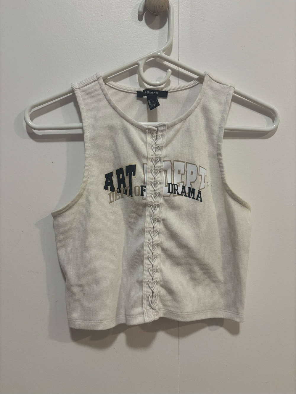 Forever 21 Cream Ribbed Lace-Up Tank Top with Dept. of Drama Graphic
